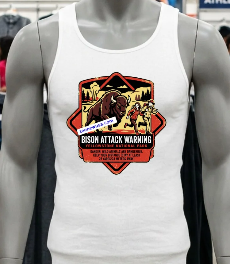 Warning Bison Attack Tourists At Yellowstone T Shirt - white-t-shirt Warning Bison Attack Tourists At Yellowstone T Shirt White T Shirt 2