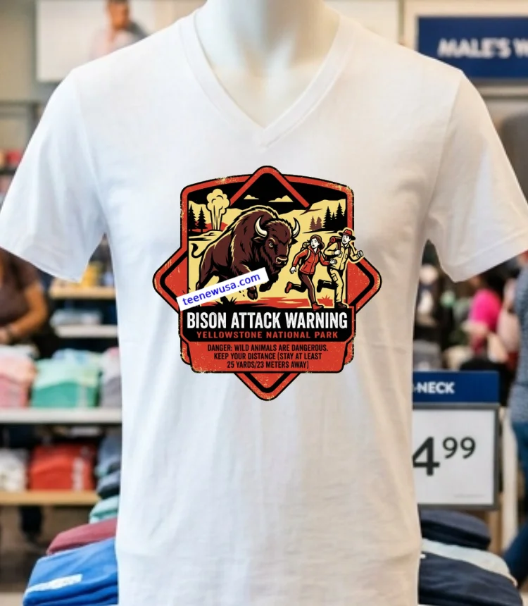 Warning Bison Attack Tourists At Yellowstone T Shirt - white-t-shirt Warning Bison Attack Tourists At Yellowstone T Shirt White T Shirt 3