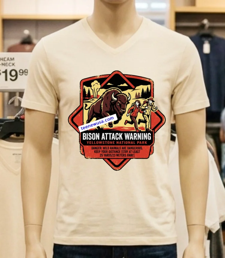 Warning Bison Attack Tourists At Yellowstone T Shirt - white-t-shirt Warning Bison Attack Tourists At Yellowstone T Shirt White T Shirt