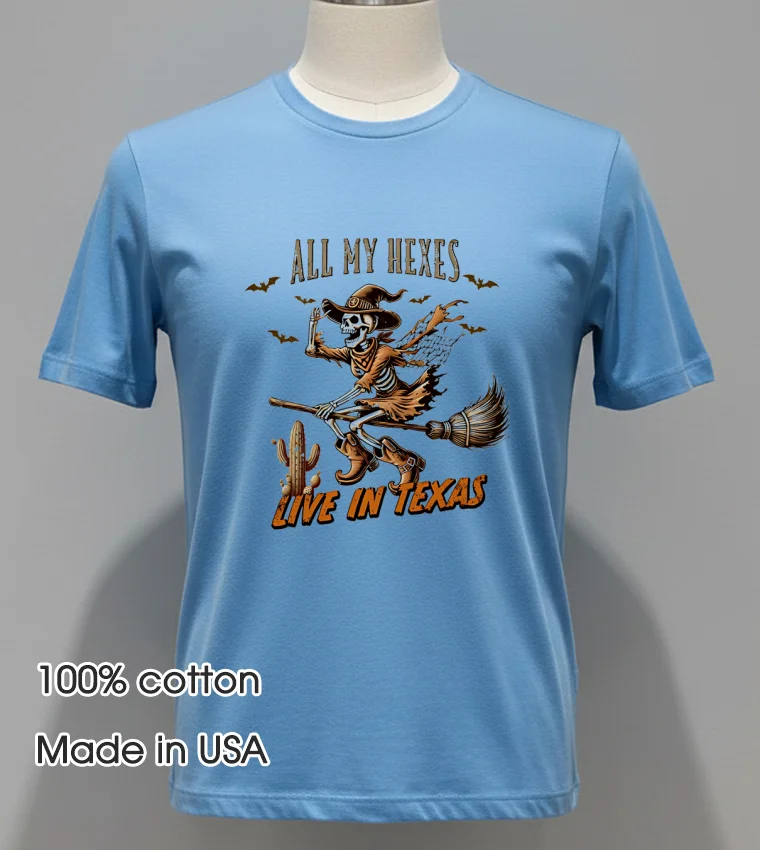 Witch Skeleton All My Hexes Live In Texas Shirt - blue-shirt Witch Skeleton All My Hexes Live In Texas Shirt Blue Shirt