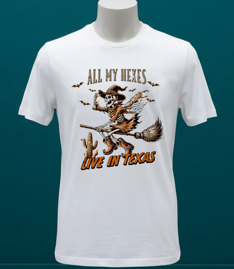 Witch Skeleton All My Hexes Live In Texas Shirt - white-t-shirt Witch Skeleton All My Hexes Live In Texas Shirt White T Shirt 1