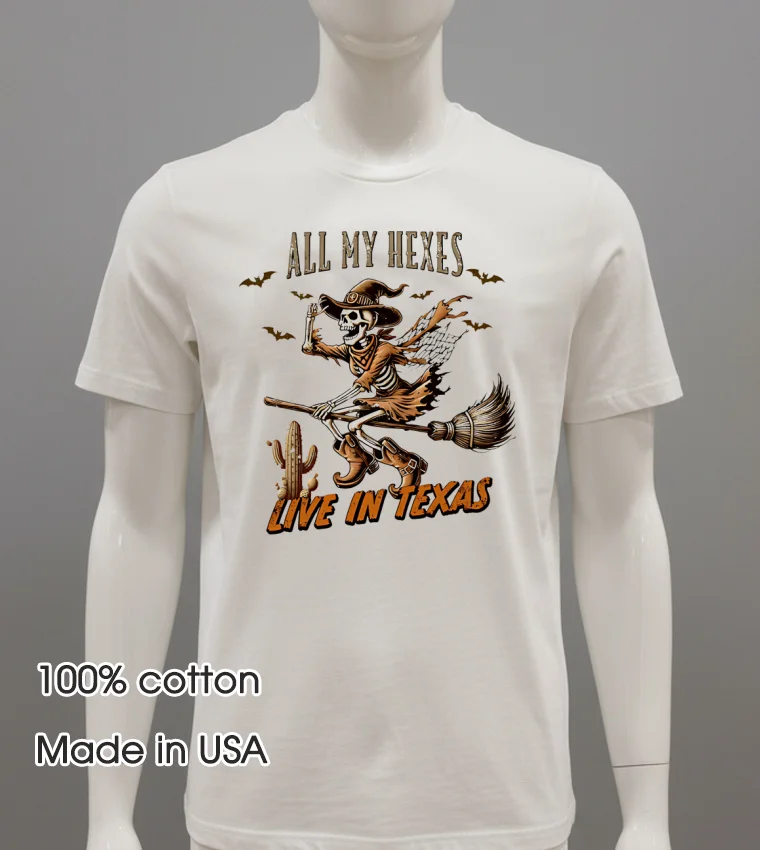 Witch Skeleton All My Hexes Live In Texas Shirt - white-t-shirt Witch Skeleton All My Hexes Live In Texas Shirt White T Shirt 2