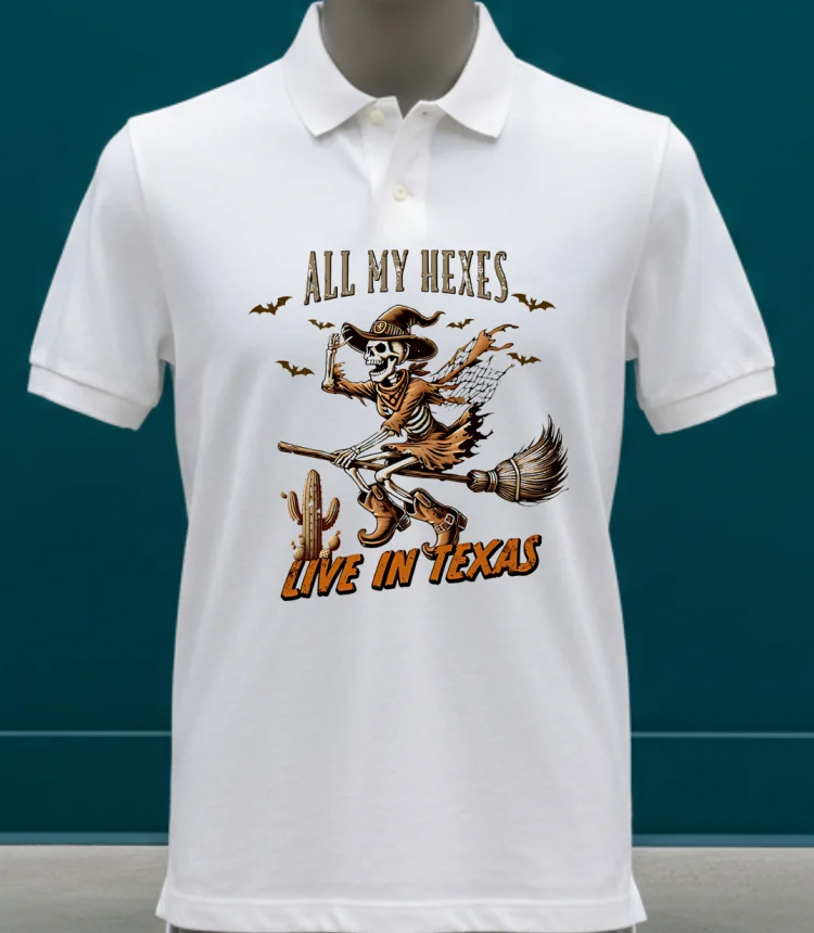 Witch Skeleton All My Hexes Live In Texas Shirt - white-t-shirt Witch Skeleton All My Hexes Live In Texas Shirt White T Shirt