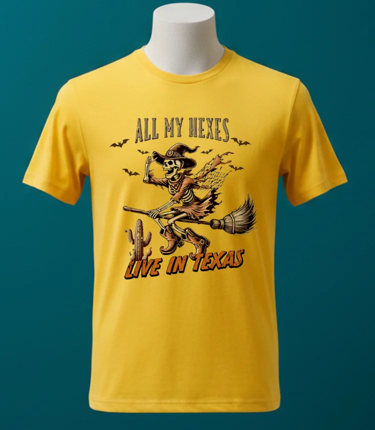 Witch Skeleton All My Hexes Live In Texas Shirt - yellow-t-shirt Witch Skeleton All My Hexes Live In Texas Shirt Yellow T Shirt 1
