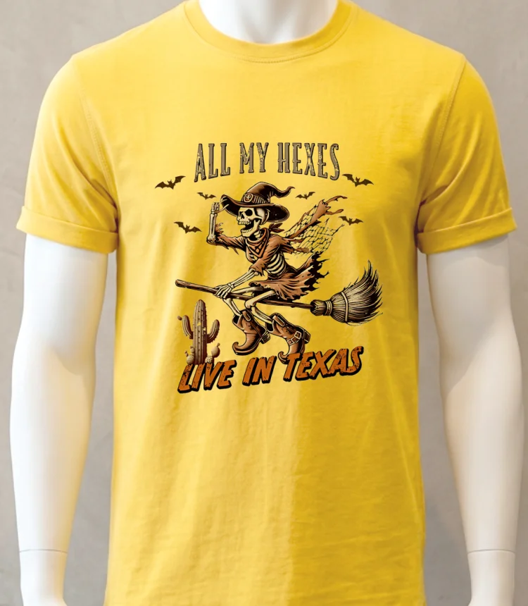 Witch Skeleton All My Hexes Live In Texas Shirt - yellow-t-shirt Witch Skeleton All My Hexes Live In Texas Shirt Yellow T Shirt